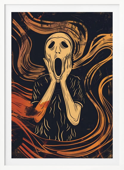 A graphic art interpretation of Edvard Munch's 'The Scream', featuring a stylized, pale figure with its hands on its cheeks and mouth agape. The background is dark navy blue with dynamic, swirling orange and yellow lines that convey a sense of turmoil and anxiety. Poster