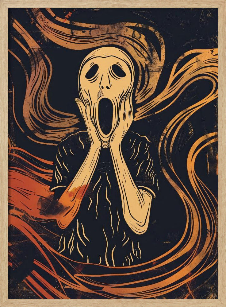 A graphic art interpretation of Edvard Munch's 'The Scream', featuring a stylized, pale figure with its hands on its cheeks and mouth agape. The background is dark navy blue with dynamic, swirling orange and yellow lines that convey a sense of turmoil and anxiety. Poster
