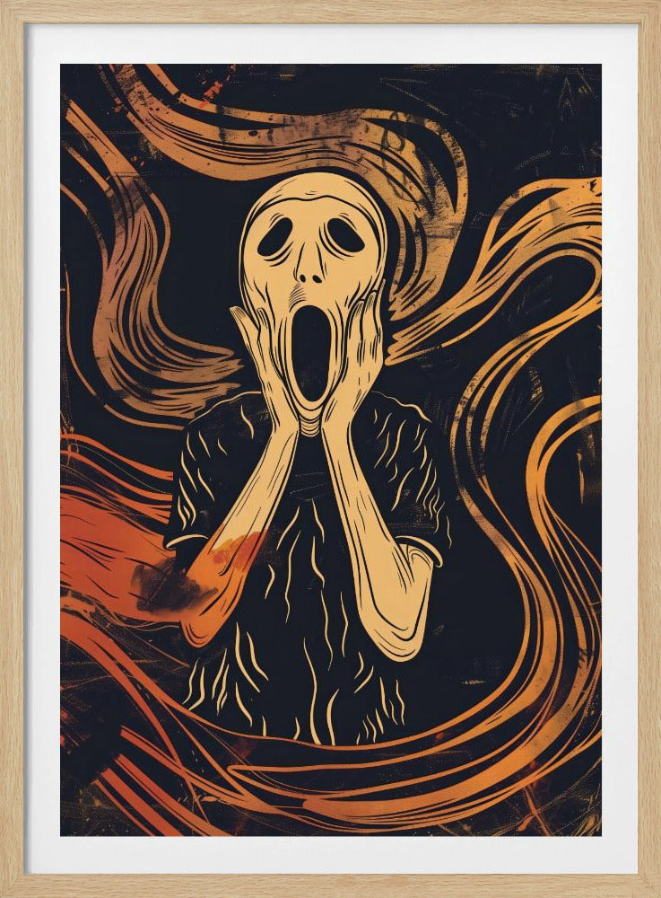 A graphic art interpretation of Edvard Munch's 'The Scream', featuring a stylized, pale figure with its hands on its cheeks and mouth agape. The background is dark navy blue with dynamic, swirling orange and yellow lines that convey a sense of turmoil and anxiety. Poster