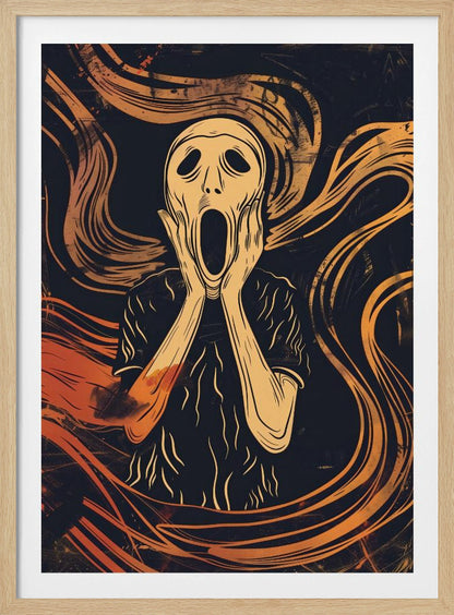 A graphic art interpretation of Edvard Munch's 'The Scream', featuring a stylized, pale figure with its hands on its cheeks and mouth agape. The background is dark navy blue with dynamic, swirling orange and yellow lines that convey a sense of turmoil and anxiety. Poster