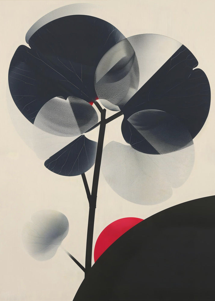 A modern abstract artwork in a black frame featuring a stylized black tree against a cream background. The tree has large, overlapping leaves in solid black and stippled gray, creating a sense of transparency. A bold red circle, like a sun, rises behind a black silhouetted hill in the bottom right corner. Wall Art