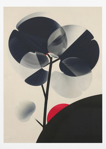 A modern abstract artwork in a black frame featuring a stylized black tree against a cream background. The tree has large, overlapping leaves in solid black and stippled gray, creating a sense of transparency. A bold red circle, like a sun, rises behind a black silhouetted hill in the bottom right corner. Wall Art