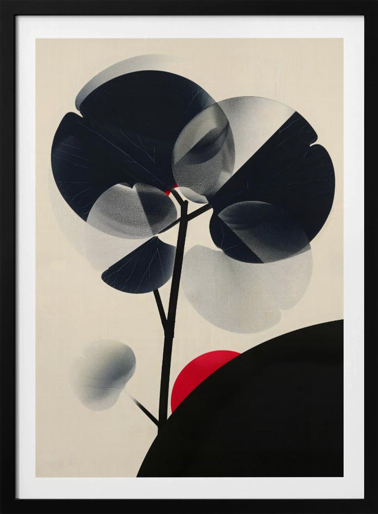 A modern abstract artwork in a black frame featuring a stylized black tree against a cream background. The tree has large, overlapping leaves in solid black and stippled gray, creating a sense of transparency. A bold red circle, like a sun, rises behind a black silhouetted hill in the bottom right corner. Wall Art