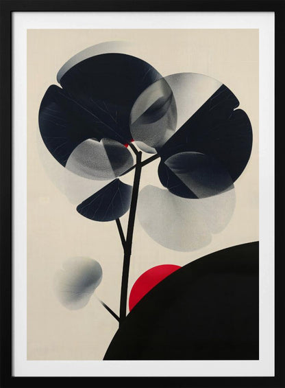 A modern abstract artwork in a black frame featuring a stylized black tree against a cream background. The tree has large, overlapping leaves in solid black and stippled gray, creating a sense of transparency. A bold red circle, like a sun, rises behind a black silhouetted hill in the bottom right corner. Wall Art