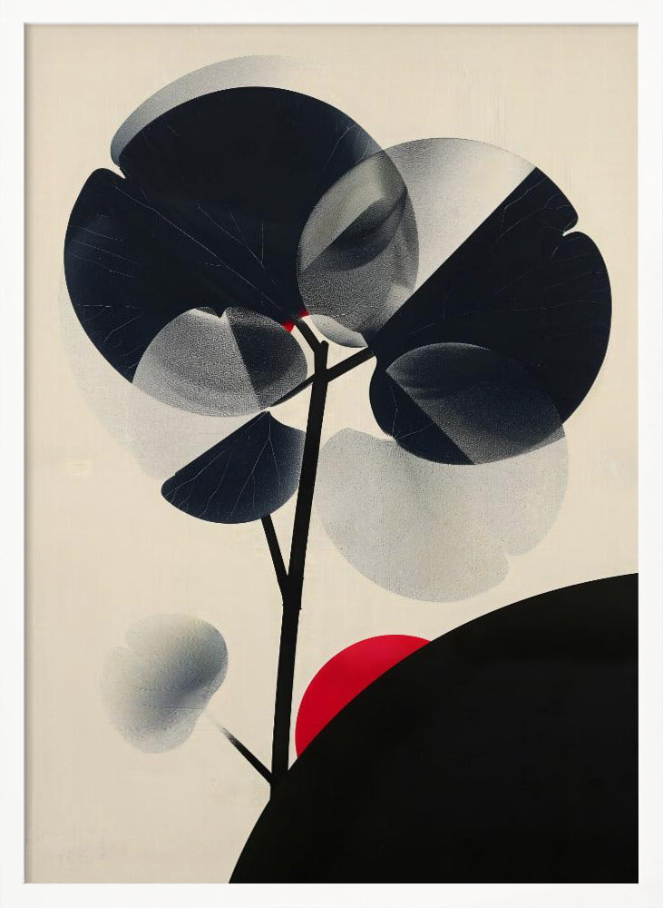 A modern abstract artwork in a black frame featuring a stylized black tree against a cream background. The tree has large, overlapping leaves in solid black and stippled gray, creating a sense of transparency. A bold red circle, like a sun, rises behind a black silhouetted hill in the bottom right corner. Wall Art