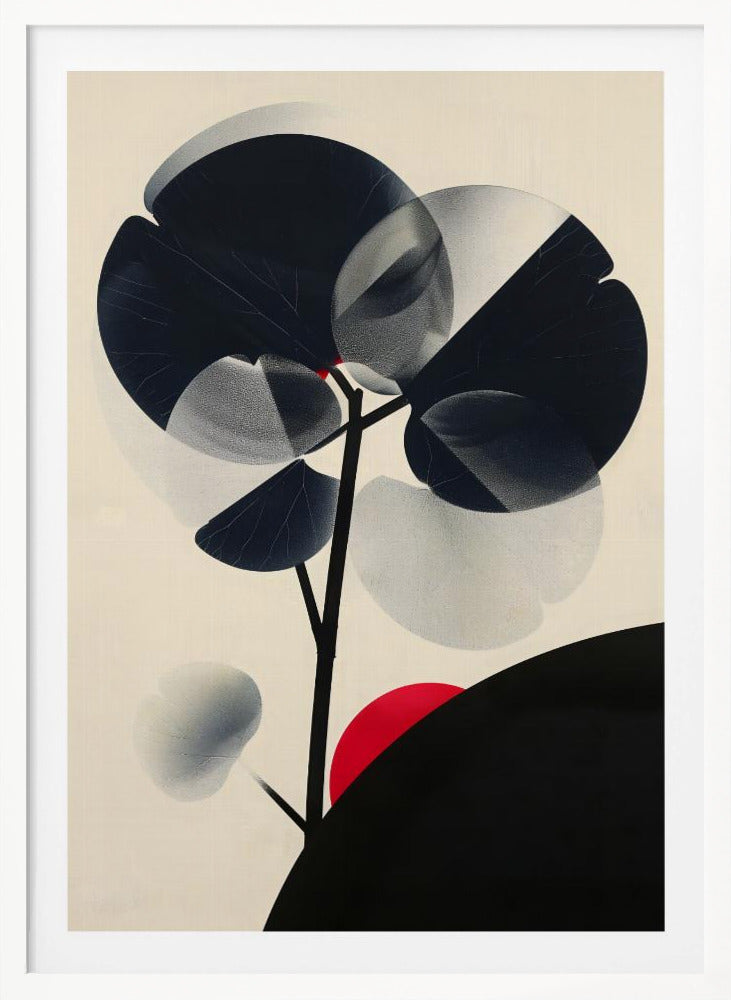 A modern abstract artwork in a black frame featuring a stylized black tree against a cream background. The tree has large, overlapping leaves in solid black and stippled gray, creating a sense of transparency. A bold red circle, like a sun, rises behind a black silhouetted hill in the bottom right corner. Wall Art