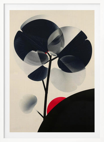 A modern abstract artwork in a black frame featuring a stylized black tree against a cream background. The tree has large, overlapping leaves in solid black and stippled gray, creating a sense of transparency. A bold red circle, like a sun, rises behind a black silhouetted hill in the bottom right corner. Wall Art