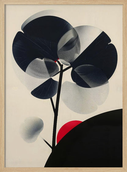 A modern abstract artwork in a black frame featuring a stylized black tree against a cream background. The tree has large, overlapping leaves in solid black and stippled gray, creating a sense of transparency. A bold red circle, like a sun, rises behind a black silhouetted hill in the bottom right corner. Wall Art