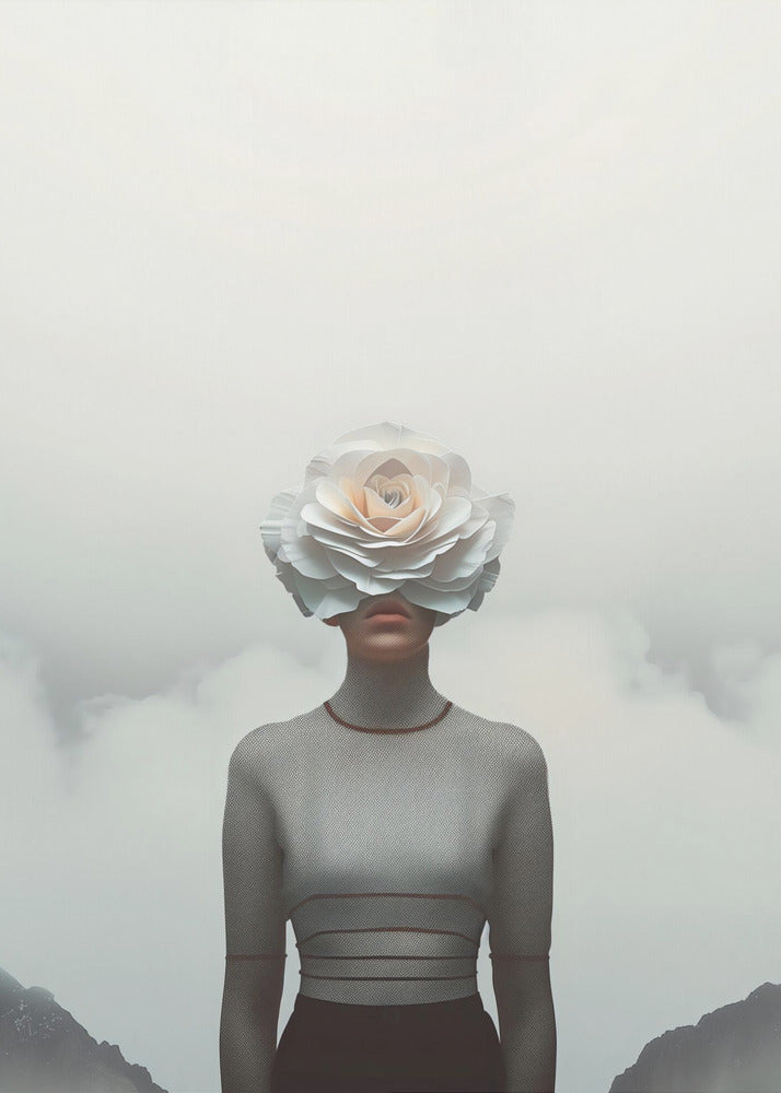 A surrealist portrait of a person from the waist up, their face completely covered by a large, white paper rose. They are wearing a grey turtleneck sweater and stand in front of a foggy, mountainous landscape under a pale grey sky. Poster