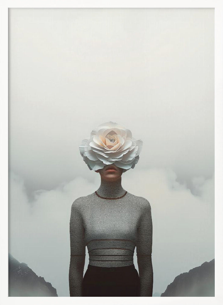 A surrealist portrait of a person from the waist up, their face completely covered by a large, white paper rose. They are wearing a grey turtleneck sweater and stand in front of a foggy, mountainous landscape under a pale grey sky. Poster