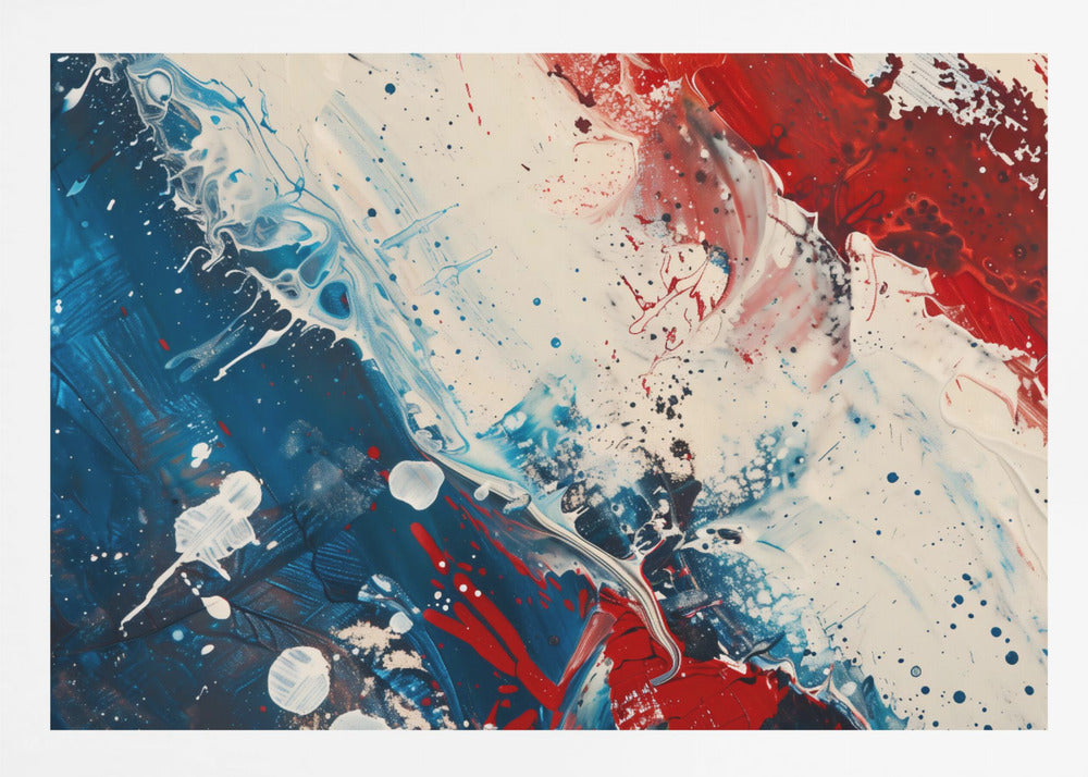 A close-up of an abstract painting in a silver frame, featuring a dynamic composition of red, white, and blue. Thick strokes of paint are splattered and swirled across the canvas, with a large area of deep blue on the left, a bold patch of bright red on the upper right, and a field of off-white in the middle. The piece has a textured, energetic quality. Artwork