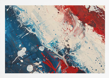 A close-up of an abstract painting in a silver frame, featuring a dynamic composition of red, white, and blue. Thick strokes of paint are splattered and swirled across the canvas, with a large area of deep blue on the left, a bold patch of bright red on the upper right, and a field of off-white in the middle. The piece has a textured, energetic quality. Artwork