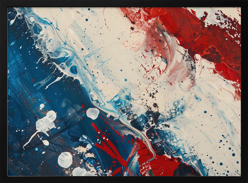 A close-up of an abstract painting in a silver frame, featuring a dynamic composition of red, white, and blue. Thick strokes of paint are splattered and swirled across the canvas, with a large area of deep blue on the left, a bold patch of bright red on the upper right, and a field of off-white in the middle. The piece has a textured, energetic quality. Artwork