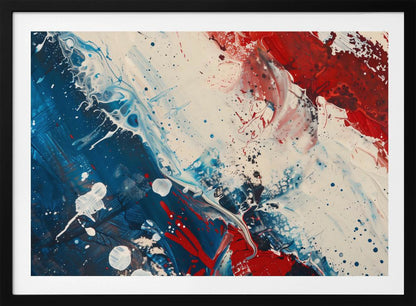 A close-up of an abstract painting in a silver frame, featuring a dynamic composition of red, white, and blue. Thick strokes of paint are splattered and swirled across the canvas, with a large area of deep blue on the left, a bold patch of bright red on the upper right, and a field of off-white in the middle. The piece has a textured, energetic quality. Artwork