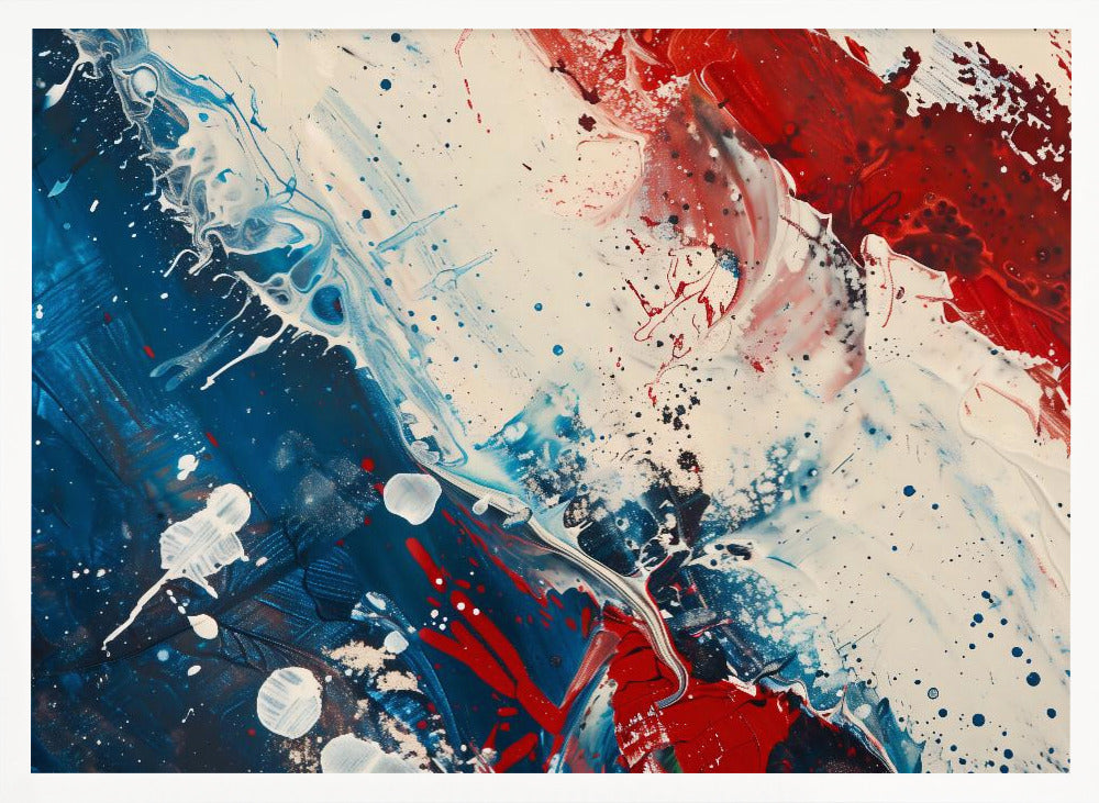 A close-up of an abstract painting in a silver frame, featuring a dynamic composition of red, white, and blue. Thick strokes of paint are splattered and swirled across the canvas, with a large area of deep blue on the left, a bold patch of bright red on the upper right, and a field of off-white in the middle. The piece has a textured, energetic quality. Artwork