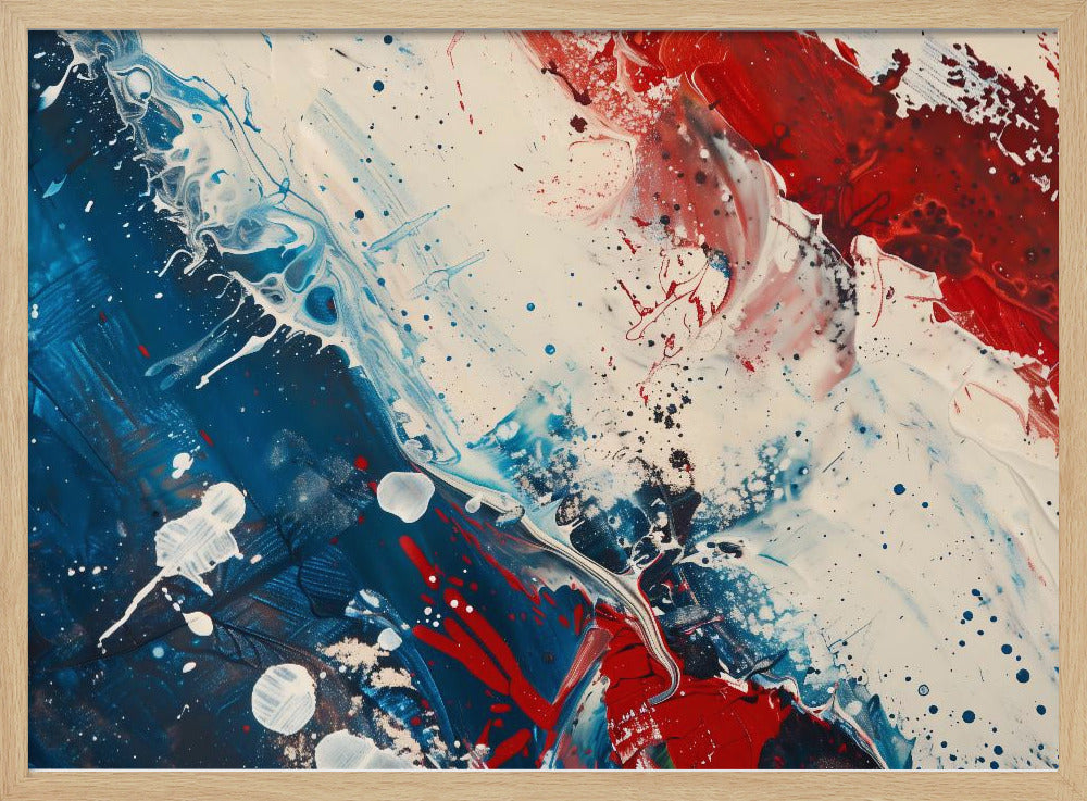 A close-up of an abstract painting in a silver frame, featuring a dynamic composition of red, white, and blue. Thick strokes of paint are splattered and swirled across the canvas, with a large area of deep blue on the left, a bold patch of bright red on the upper right, and a field of off-white in the middle. The piece has a textured, energetic quality. Artwork