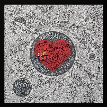 A detailed, hand-drawn typographic artwork with a black and white background filled with the names of various football clubs. At the center is a large, vibrant red heart containing the F.C. Barcelona crest and the word 'Barça' in stylized black script. The entire piece is enclosed in a light wood frame. Poster