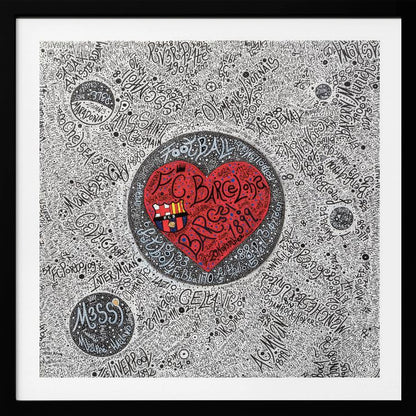 A detailed, hand-drawn typographic artwork with a black and white background filled with the names of various football clubs. At the center is a large, vibrant red heart containing the F.C. Barcelona crest and the word 'Barça' in stylized black script. The entire piece is enclosed in a light wood frame. Poster