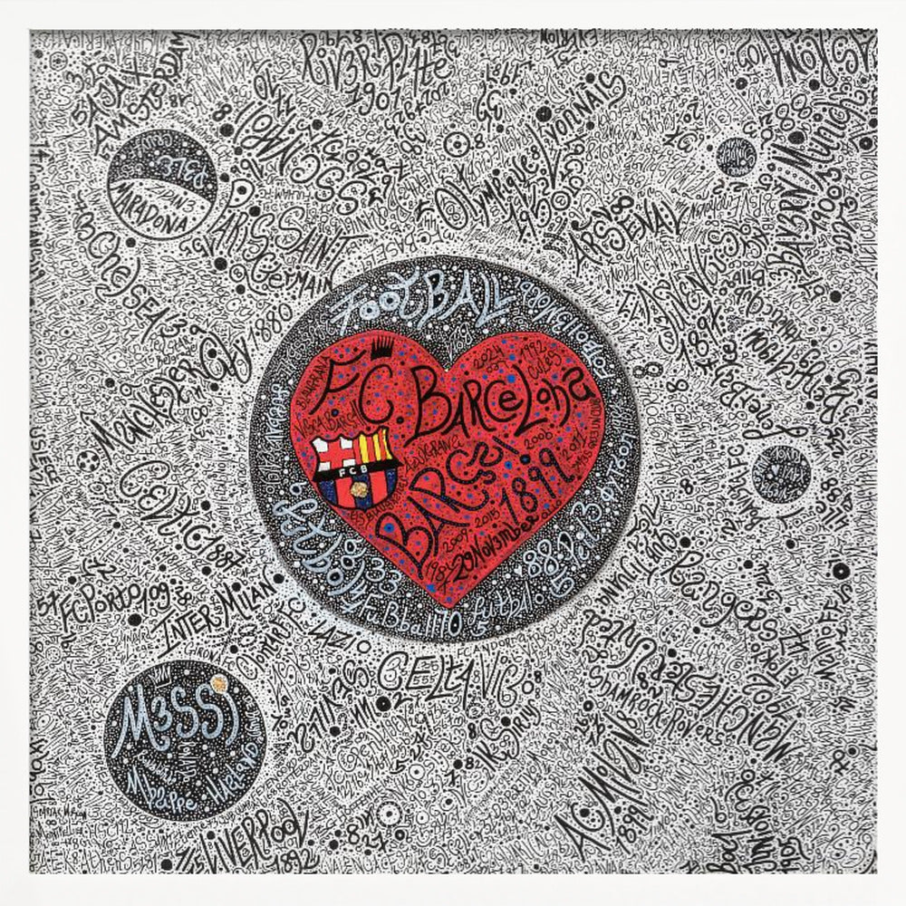 A detailed, hand-drawn typographic artwork with a black and white background filled with the names of various football clubs. At the center is a large, vibrant red heart containing the F.C. Barcelona crest and the word 'Barça' in stylized black script. The entire piece is enclosed in a light wood frame. Poster