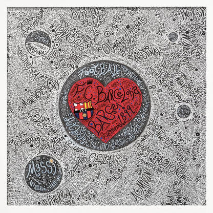 A detailed, hand-drawn typographic artwork with a black and white background filled with the names of various football clubs. At the center is a large, vibrant red heart containing the F.C. Barcelona crest and the word 'Barça' in stylized black script. The entire piece is enclosed in a light wood frame. Poster