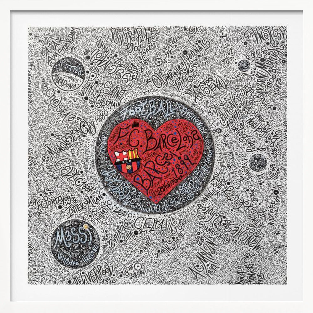 A detailed, hand-drawn typographic artwork with a black and white background filled with the names of various football clubs. At the center is a large, vibrant red heart containing the F.C. Barcelona crest and the word 'Barça' in stylized black script. The entire piece is enclosed in a light wood frame. Poster
