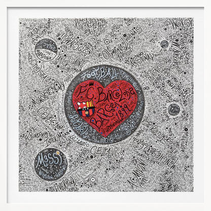 A detailed, hand-drawn typographic artwork with a black and white background filled with the names of various football clubs. At the center is a large, vibrant red heart containing the F.C. Barcelona crest and the word 'Barça' in stylized black script. The entire piece is enclosed in a light wood frame. Poster