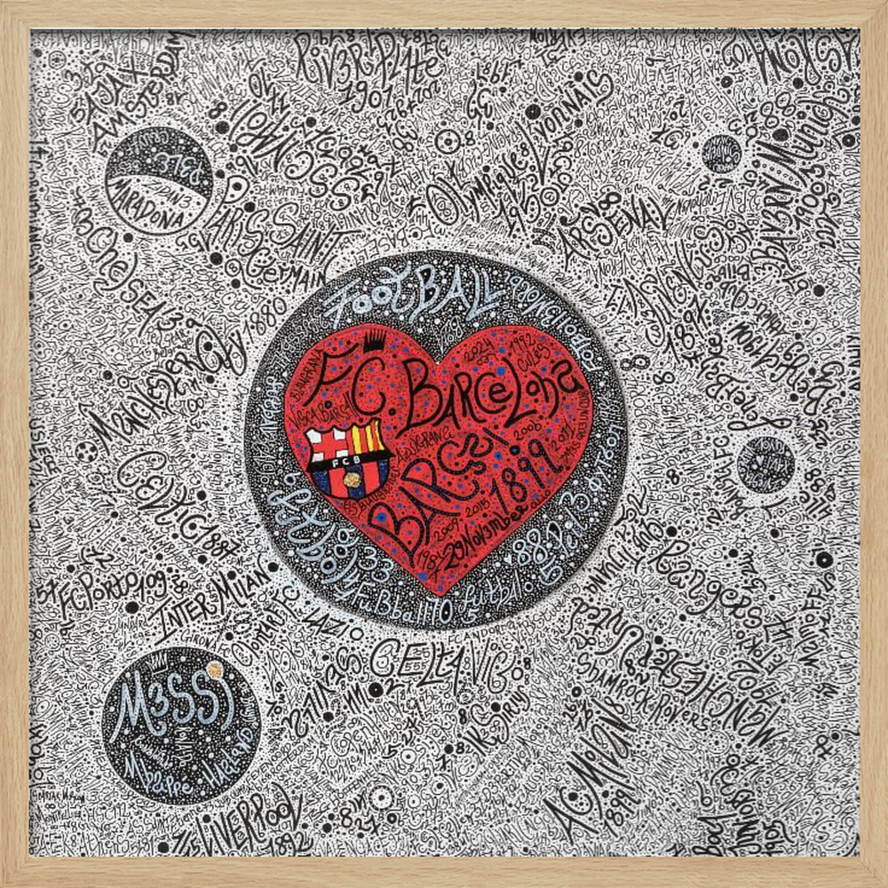 A detailed, hand-drawn typographic artwork with a black and white background filled with the names of various football clubs. At the center is a large, vibrant red heart containing the F.C. Barcelona crest and the word 'Barça' in stylized black script. The entire piece is enclosed in a light wood frame. Poster