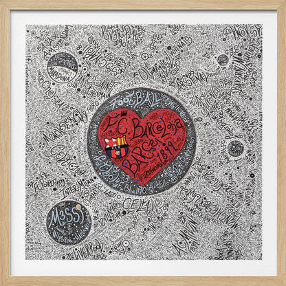 A detailed, hand-drawn typographic artwork with a black and white background filled with the names of various football clubs. At the center is a large, vibrant red heart containing the F.C. Barcelona crest and the word 'Barça' in stylized black script. The entire piece is enclosed in a light wood frame. Poster