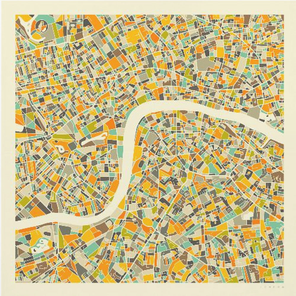 A framed, abstract map of London featuring a colorful mosaic of city blocks in orange, yellow, teal, and brown, with the River Thames winding through the center in a wide, cream-colored band. Poster