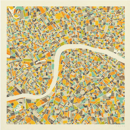 A framed, abstract map of London featuring a colorful mosaic of city blocks in orange, yellow, teal, and brown, with the River Thames winding through the center in a wide, cream-colored band. Poster
