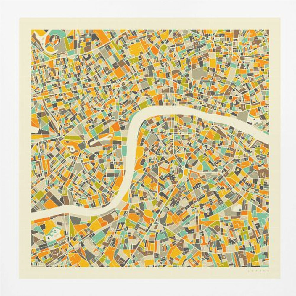 A framed, abstract map of London featuring a colorful mosaic of city blocks in orange, yellow, teal, and brown, with the River Thames winding through the center in a wide, cream-colored band. Poster