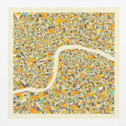 A framed, abstract map of London featuring a colorful mosaic of city blocks in orange, yellow, teal, and brown, with the River Thames winding through the center in a wide, cream-colored band. Poster