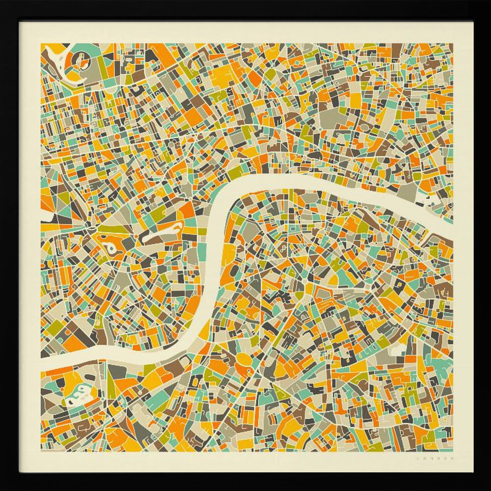 A framed, abstract map of London featuring a colorful mosaic of city blocks in orange, yellow, teal, and brown, with the River Thames winding through the center in a wide, cream-colored band. Poster