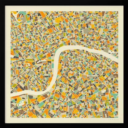 A framed, abstract map of London featuring a colorful mosaic of city blocks in orange, yellow, teal, and brown, with the River Thames winding through the center in a wide, cream-colored band. Poster