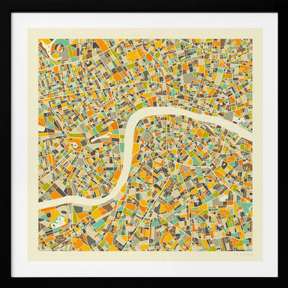 A framed, abstract map of London featuring a colorful mosaic of city blocks in orange, yellow, teal, and brown, with the River Thames winding through the center in a wide, cream-colored band. Poster