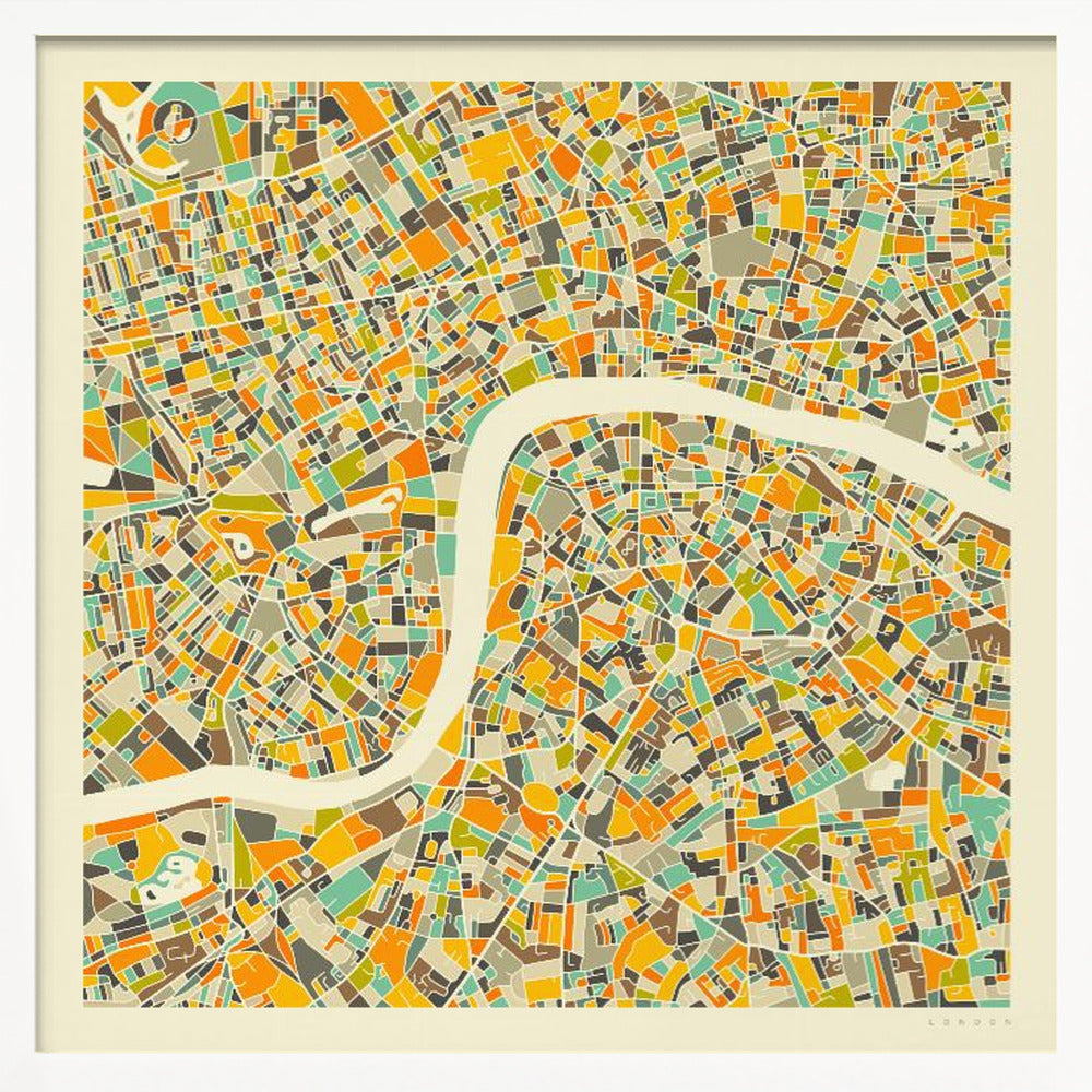 A framed, abstract map of London featuring a colorful mosaic of city blocks in orange, yellow, teal, and brown, with the River Thames winding through the center in a wide, cream-colored band. Poster