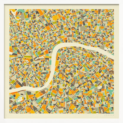 A framed, abstract map of London featuring a colorful mosaic of city blocks in orange, yellow, teal, and brown, with the River Thames winding through the center in a wide, cream-colored band. Poster
