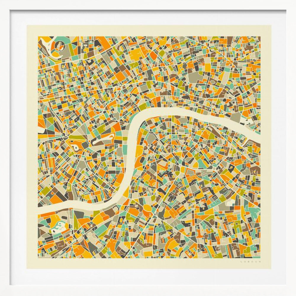 A framed, abstract map of London featuring a colorful mosaic of city blocks in orange, yellow, teal, and brown, with the River Thames winding through the center in a wide, cream-colored band. Poster