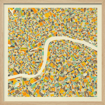 A framed, abstract map of London featuring a colorful mosaic of city blocks in orange, yellow, teal, and brown, with the River Thames winding through the center in a wide, cream-colored band. Poster