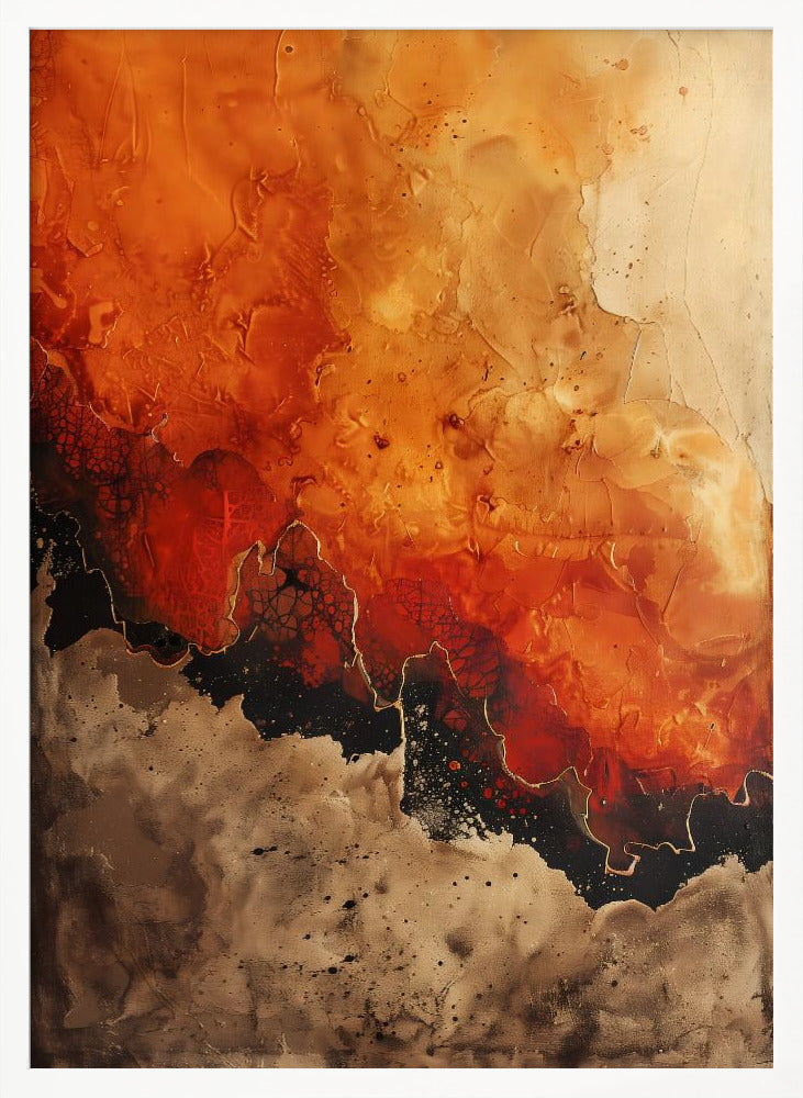 A vertical abstract painting in a black frame, featuring a textured, fiery orange and red upper section transitioning into a jagged black formation outlined in gold. The bottom section is a mottled and speckled blend of brown and beige tones. Artwork