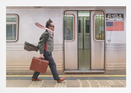 A stylish man with windblown hair and a flying scarf walks briskly along a subway platform, carrying a brown briefcase next to a silver train. Artwork