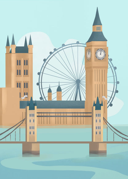 A stylized graphic illustration of the London cityscape, featuring famous landmarks like Tower Bridge, Big Ben, and the London Eye against a pale blue sky, rendered in a modern, flat style. Wall Art