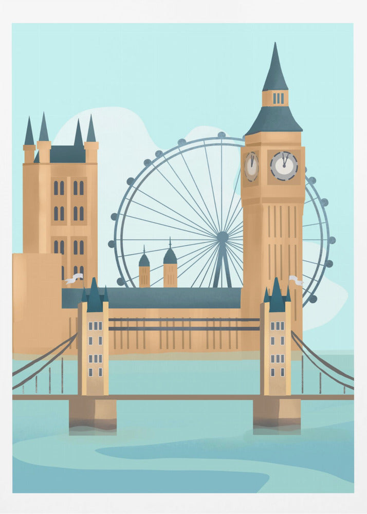 A stylized graphic illustration of the London cityscape, featuring famous landmarks like Tower Bridge, Big Ben, and the London Eye against a pale blue sky, rendered in a modern, flat style. Wall Art