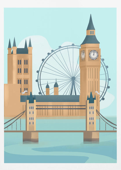 A stylized graphic illustration of the London cityscape, featuring famous landmarks like Tower Bridge, Big Ben, and the London Eye against a pale blue sky, rendered in a modern, flat style. Wall Art