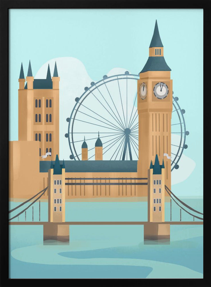 A stylized graphic illustration of the London cityscape, featuring famous landmarks like Tower Bridge, Big Ben, and the London Eye against a pale blue sky, rendered in a modern, flat style. Wall Art