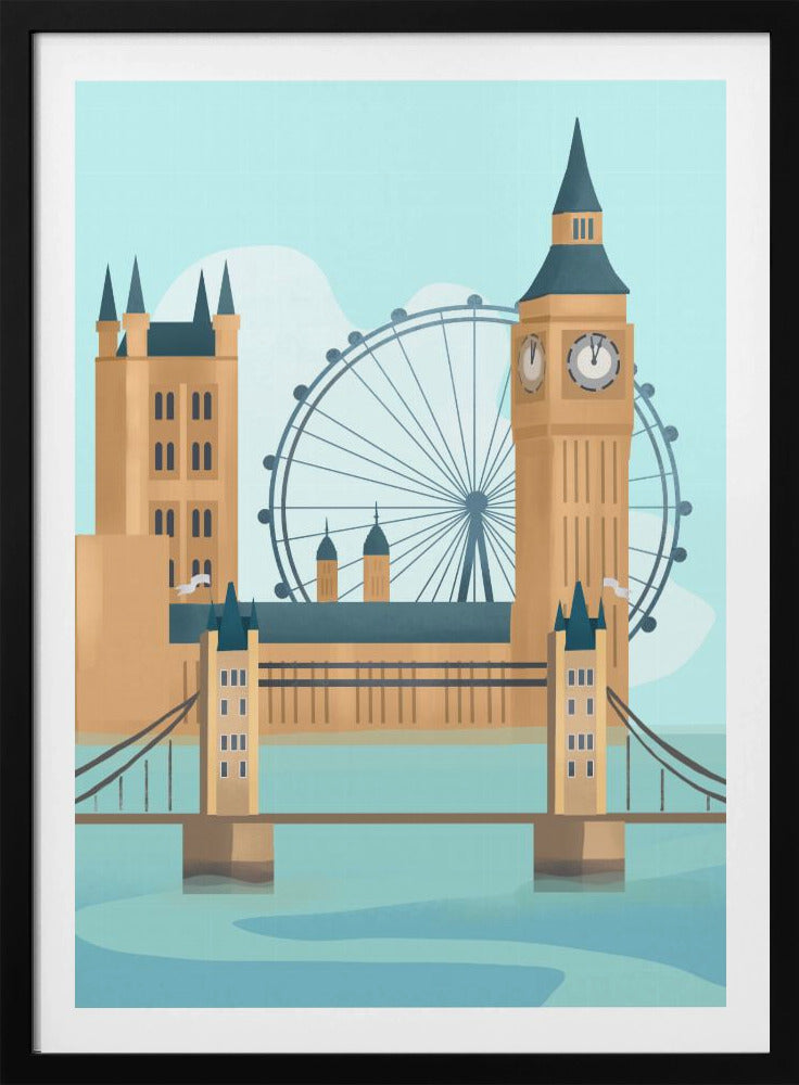 A stylized graphic illustration of the London cityscape, featuring famous landmarks like Tower Bridge, Big Ben, and the London Eye against a pale blue sky, rendered in a modern, flat style. Wall Art