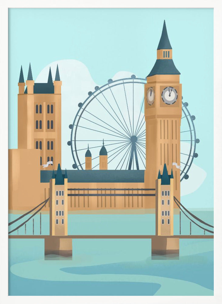 A stylized graphic illustration of the London cityscape, featuring famous landmarks like Tower Bridge, Big Ben, and the London Eye against a pale blue sky, rendered in a modern, flat style. Wall Art