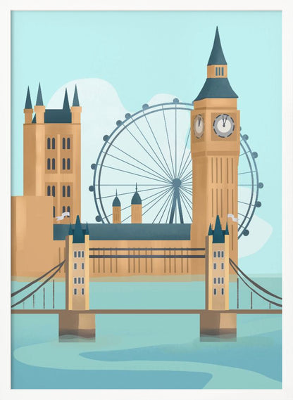A stylized graphic illustration of the London cityscape, featuring famous landmarks like Tower Bridge, Big Ben, and the London Eye against a pale blue sky, rendered in a modern, flat style. Wall Art