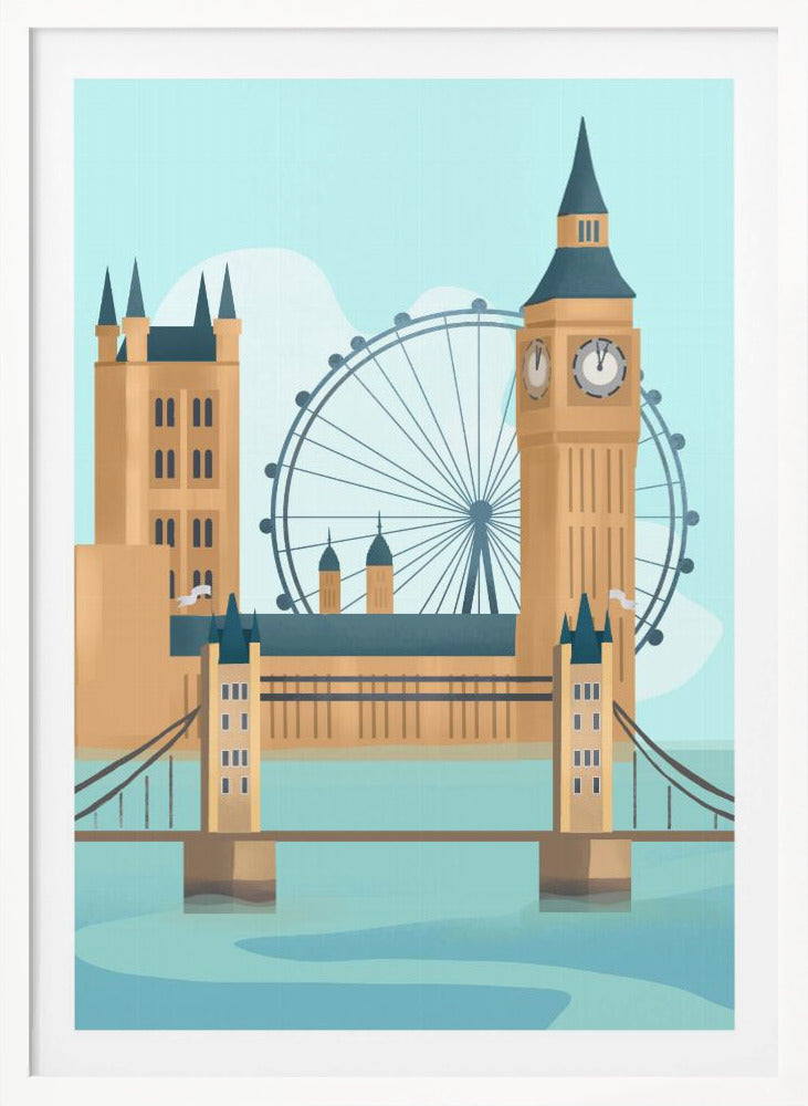 A stylized graphic illustration of the London cityscape, featuring famous landmarks like Tower Bridge, Big Ben, and the London Eye against a pale blue sky, rendered in a modern, flat style. Wall Art