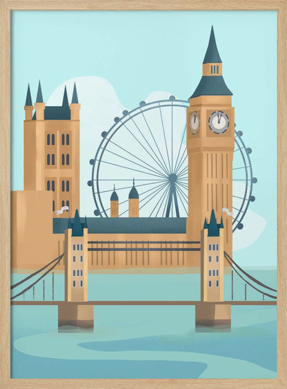 A stylized graphic illustration of the London cityscape, featuring famous landmarks like Tower Bridge, Big Ben, and the London Eye against a pale blue sky, rendered in a modern, flat style. Wall Art